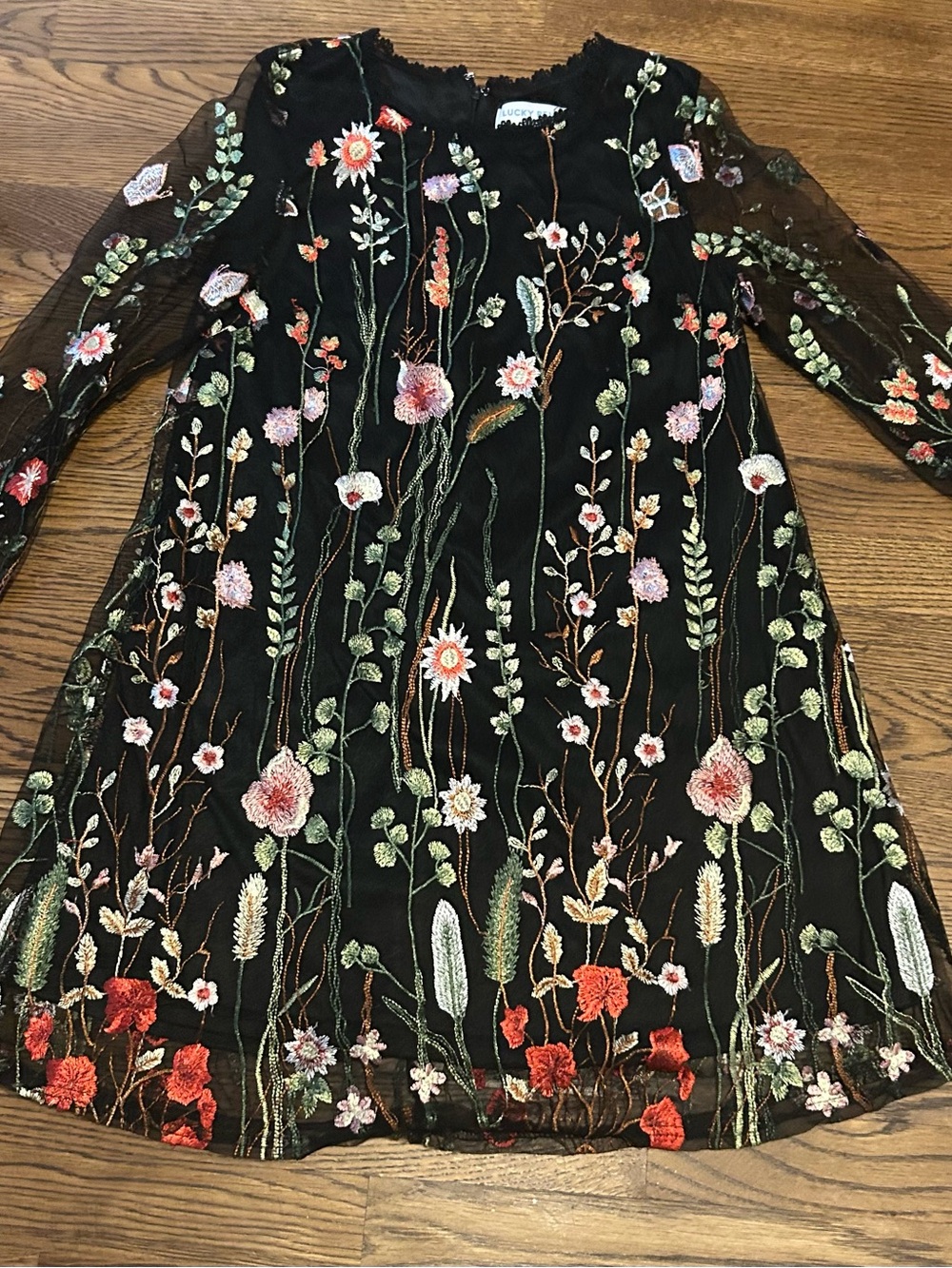 Embroidered Black shear Mini Dress with Floral embroidery and bell sleeves 0192 - Picture 2 of 12